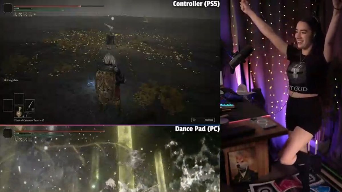 Come watch this streamer simultaneously beat two Elden Rings with a controller and a dance mat